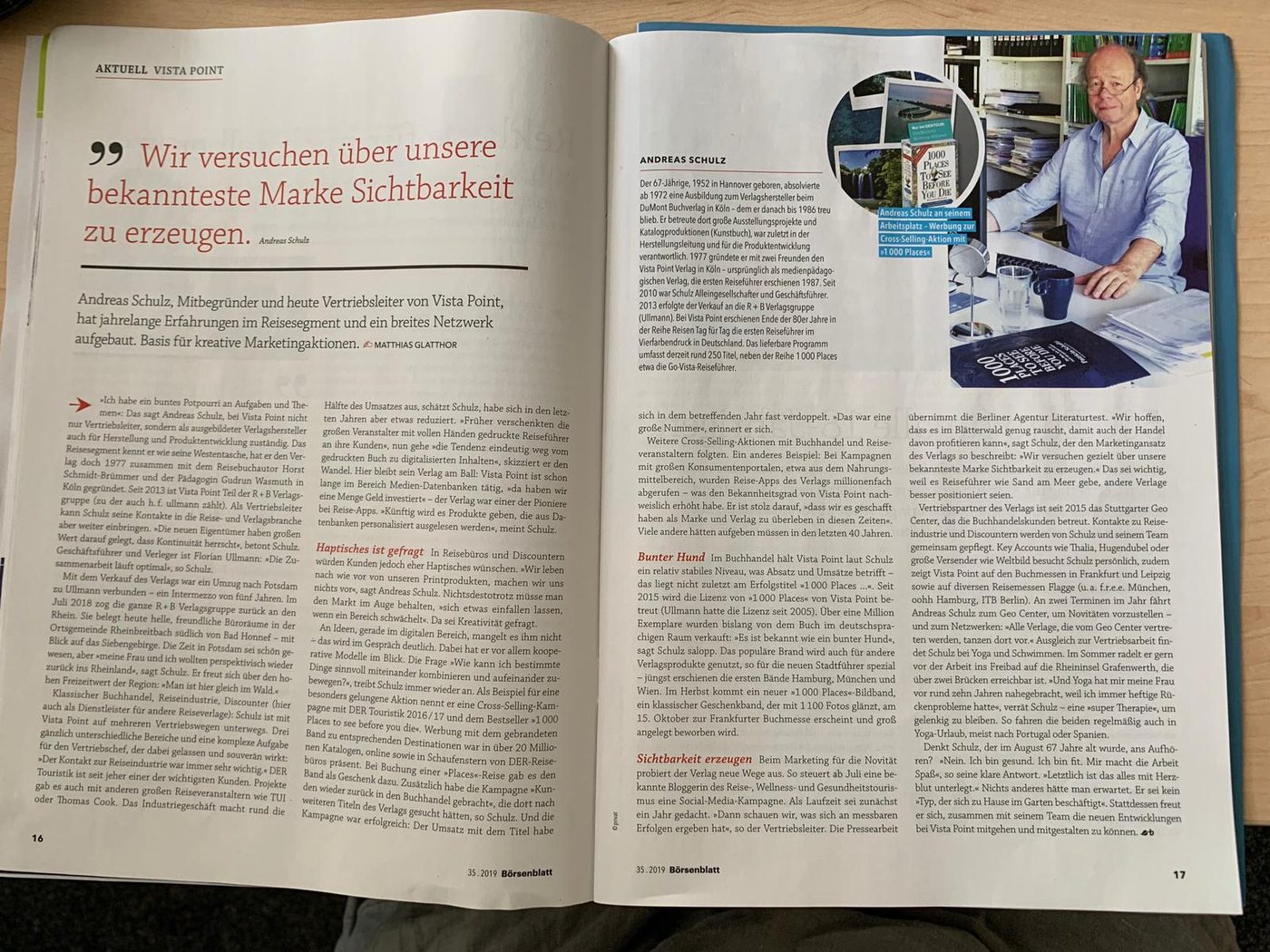 Doppelseite aus dem Börsenblatt 35/2019 mit einem Porträt von Andreas Schulz
